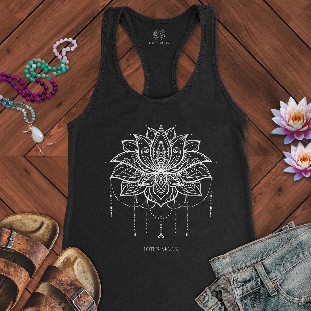 Ornate Lotus White Tank Solid Black