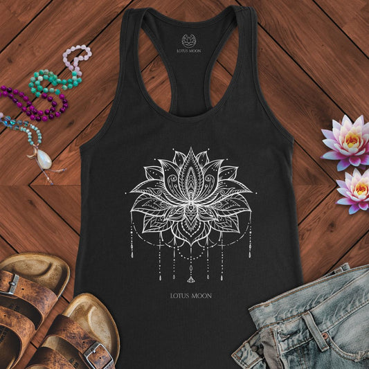 Ornate Lotus White Tank Solid Black