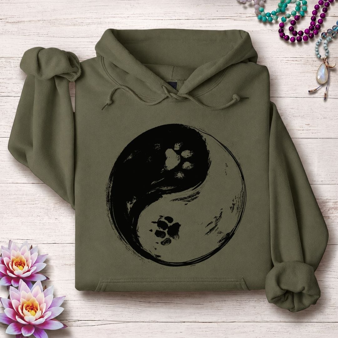 Printify Hoodie Paw Print Yin Yang Hoodie Military Green / S