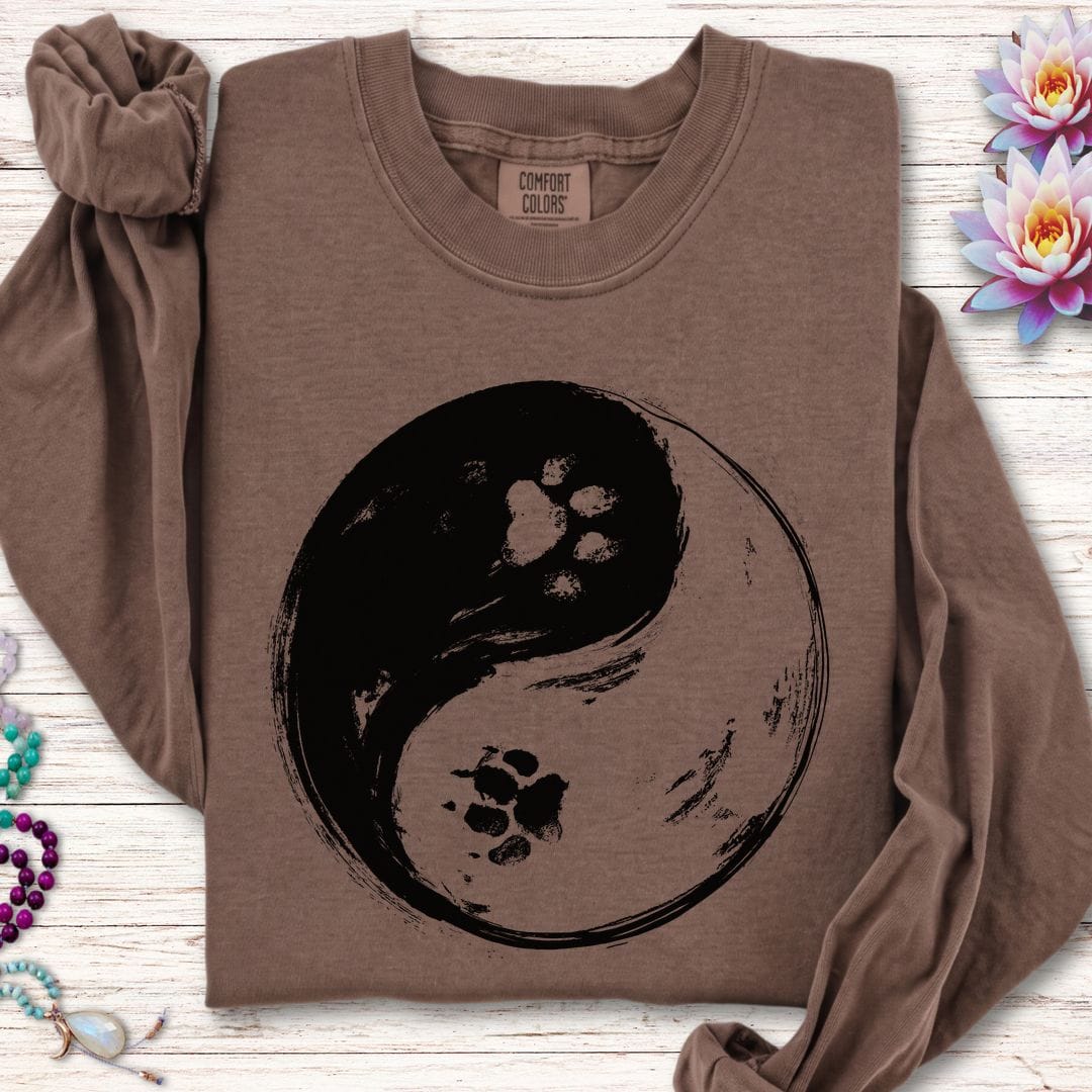 Printify Long-sleeve Paw Print Yin Yang Long Sleeve Tee Espresso / S