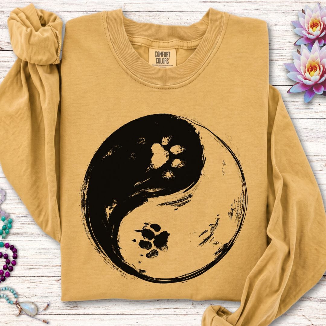 Printify Long-sleeve Paw Print Yin Yang Long Sleeve Tee Mustard / S