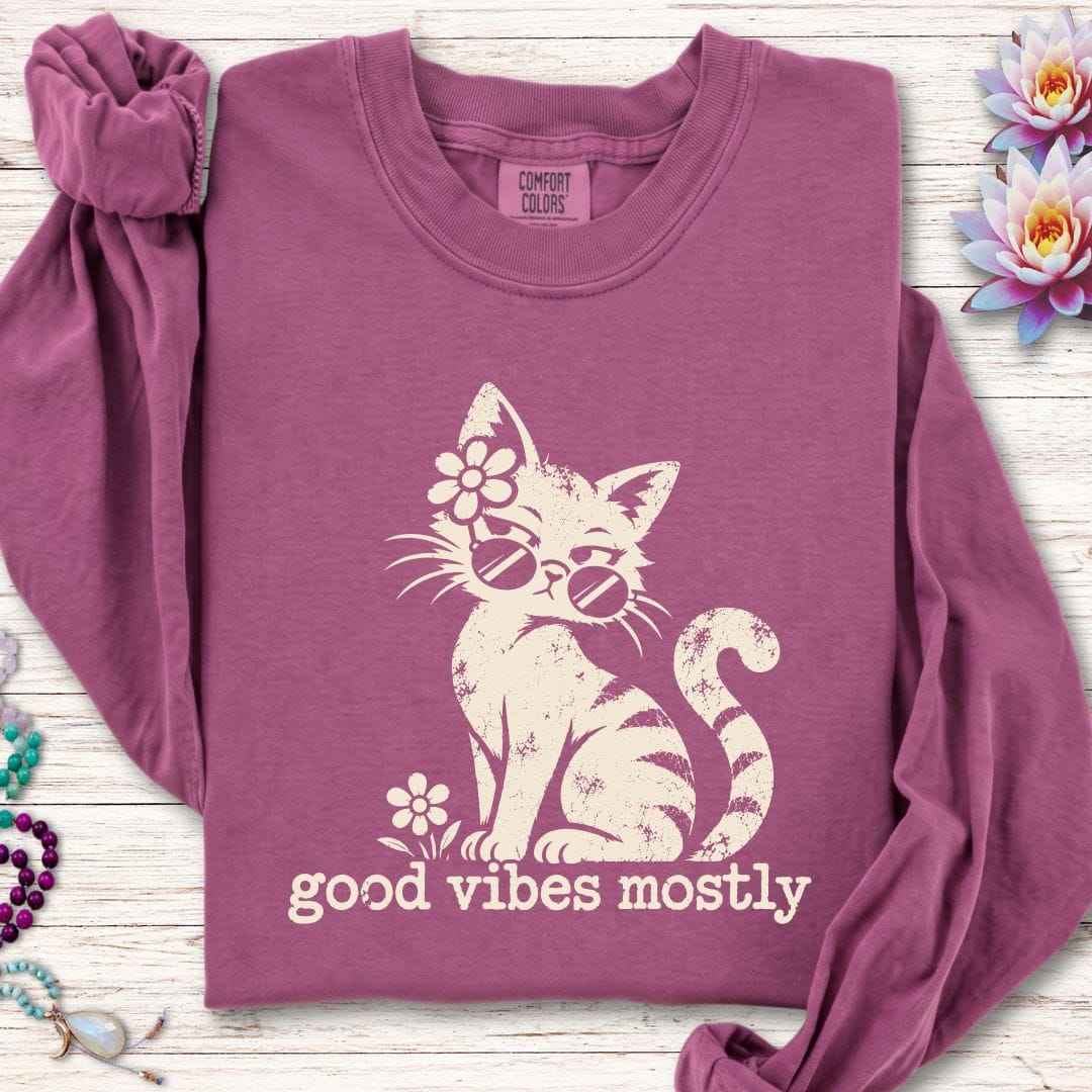 Retro Cat Vibes Long Sleeve Tee Berry