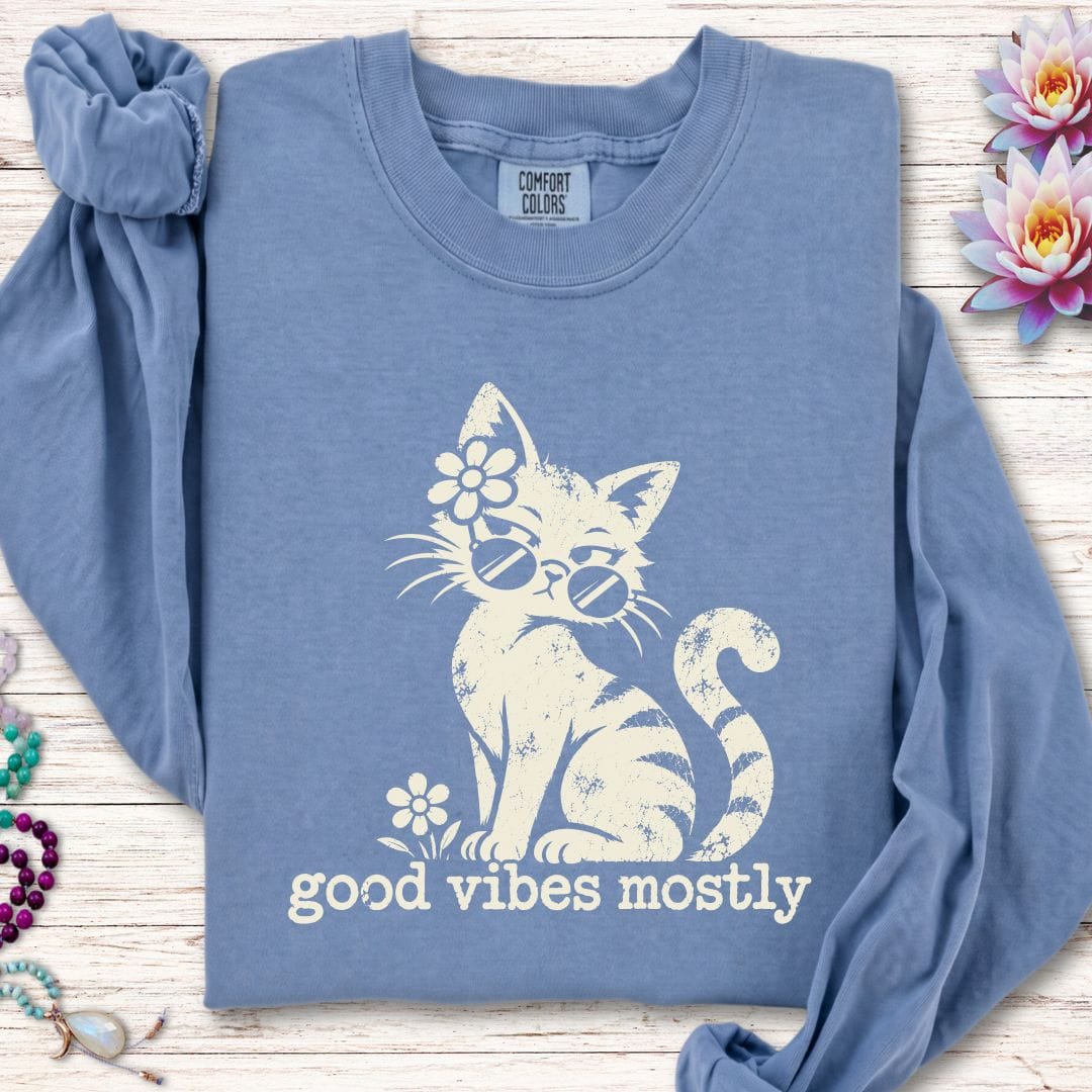 Retro Cat Vibes Long Sleeve Tee Blue Jean
