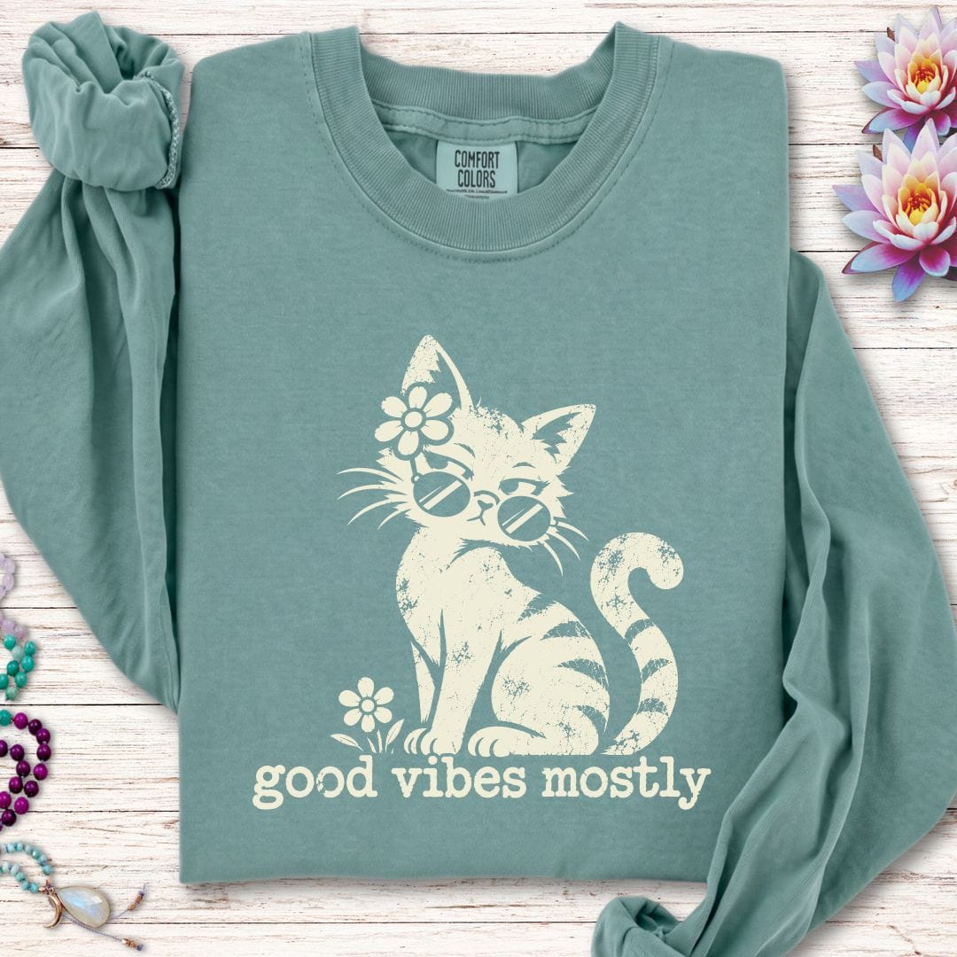 Retro Cat Vibes Long Sleeve Tee Light Green