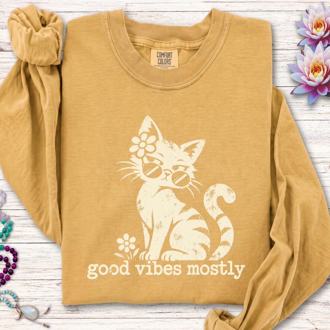 Retro Cat Vibes Long Sleeve Tee Mustard