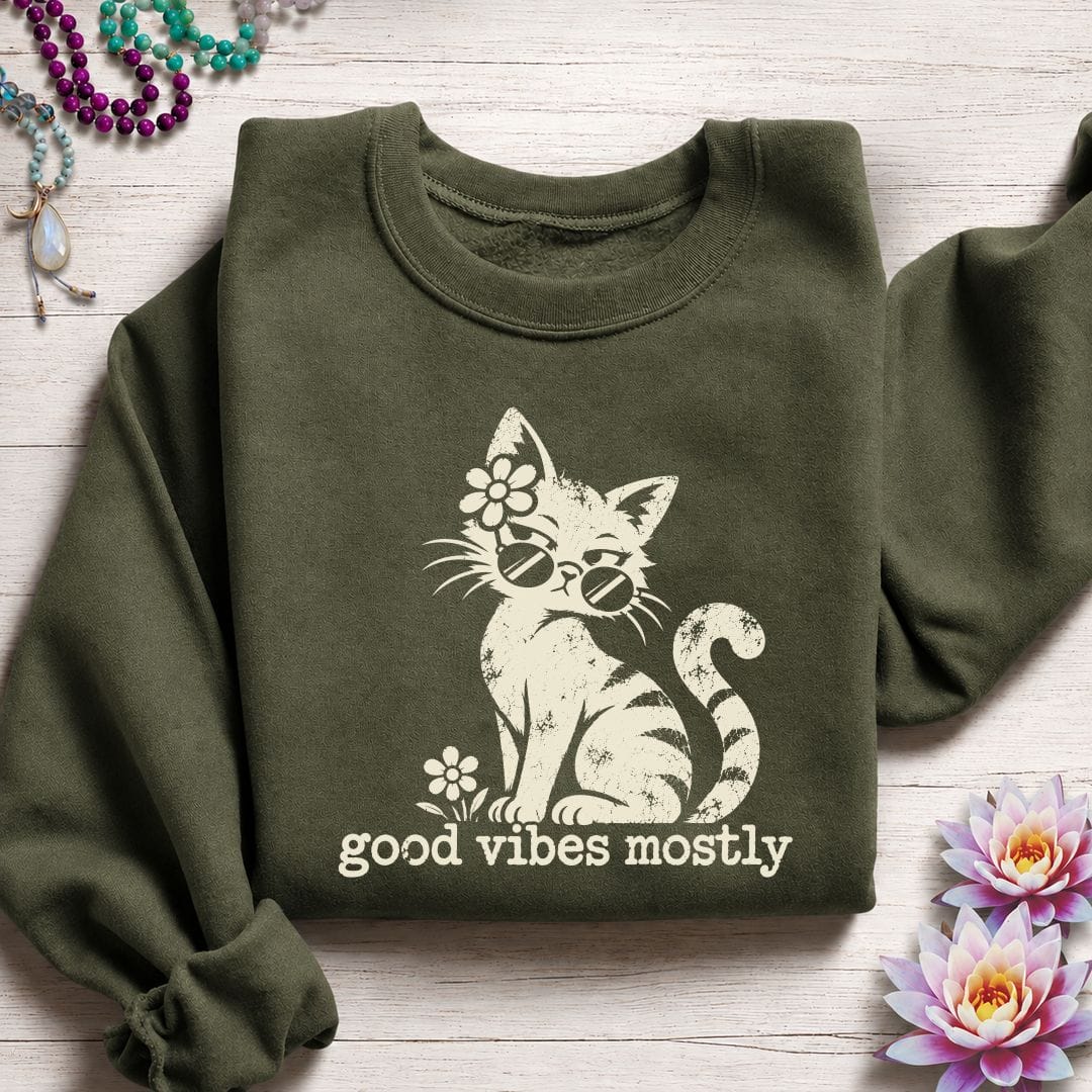 Retro Cat Vibes Sweatshirt Military Green