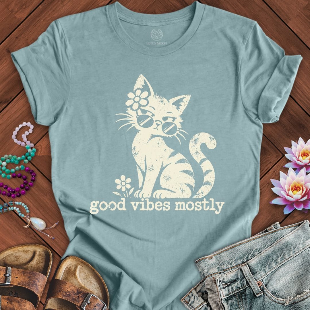 Printify T-Shirt Retro Cat Vibes Tee Heather Blue Lagoon / S