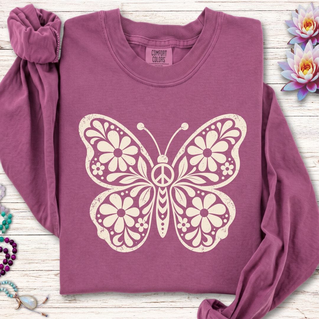 Printify Long-sleeve Retro Floral Butterfly Long Sleeve Tee Berry / S