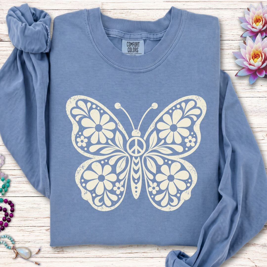 Printify Long-sleeve Retro Floral Butterfly Long Sleeve Tee Blue Jean / S