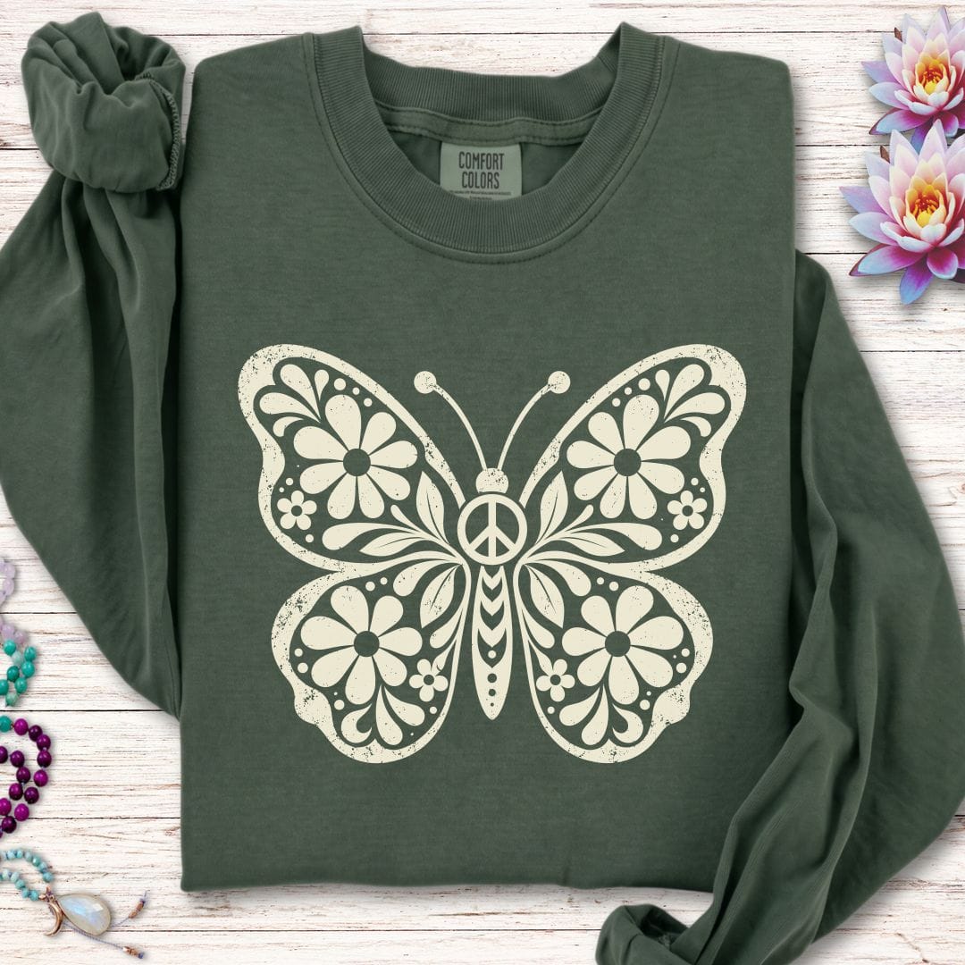 Printify Long-sleeve Retro Floral Butterfly Long Sleeve Tee Hemp / S