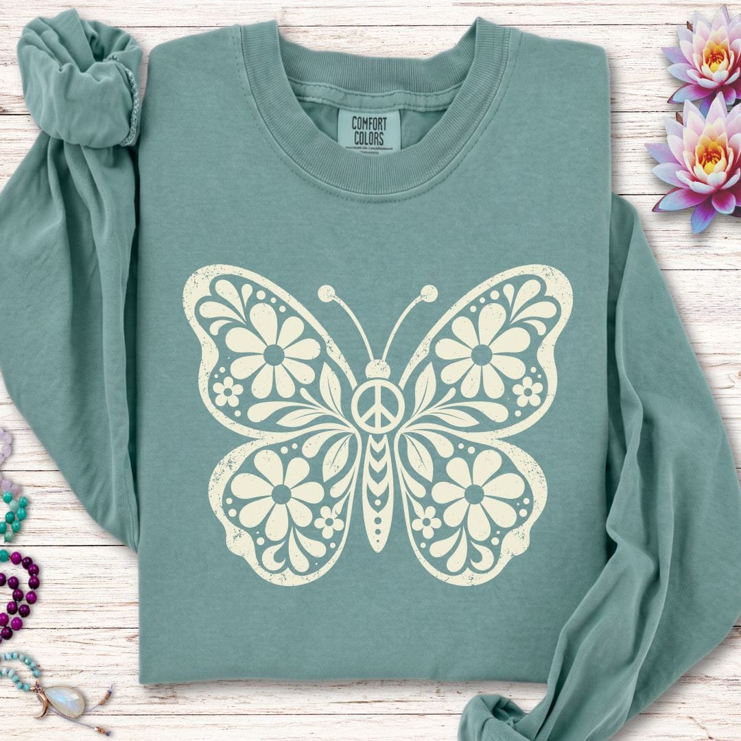 Printify Long-sleeve Retro Floral Butterfly Long Sleeve Tee Light Green / S