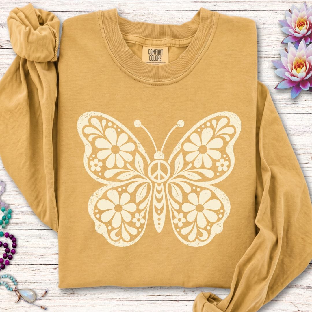 Printify Long-sleeve Retro Floral Butterfly Long Sleeve Tee Mustard / S