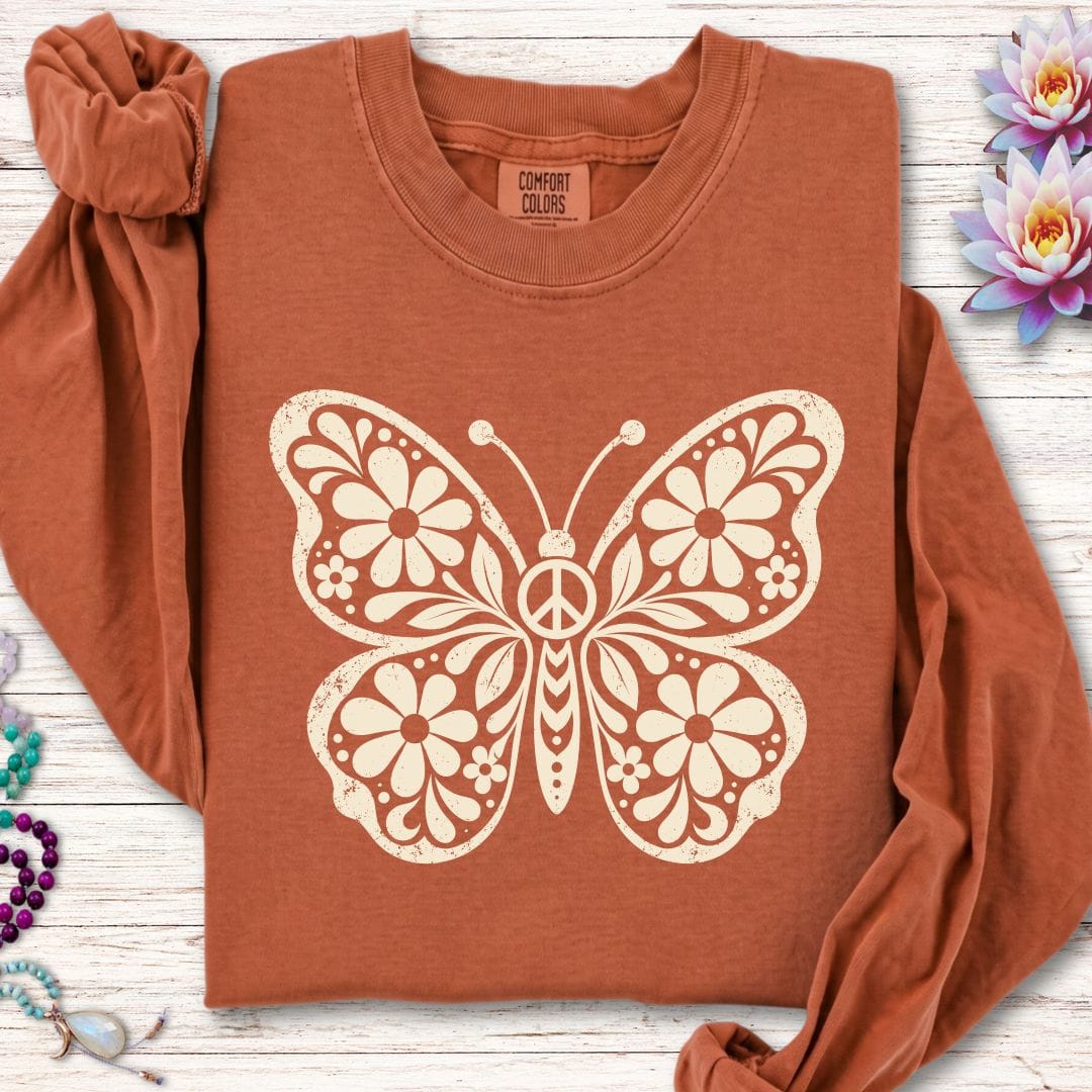 Printify Long-sleeve Retro Floral Butterfly Long Sleeve Tee Yam / S