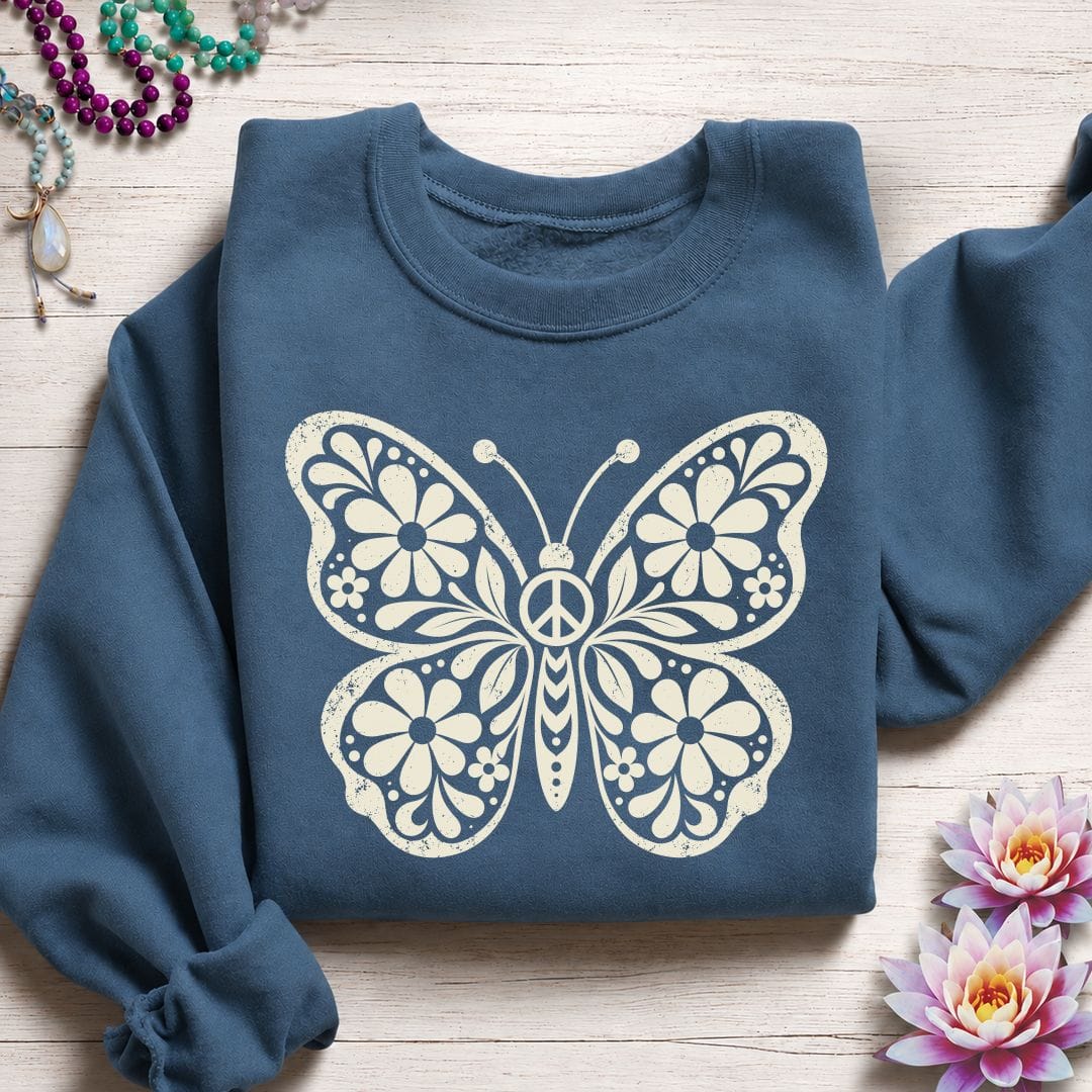 Printify Sweatshirt Retro Floral Butterfly Sweatshirt Indigo Blue / S