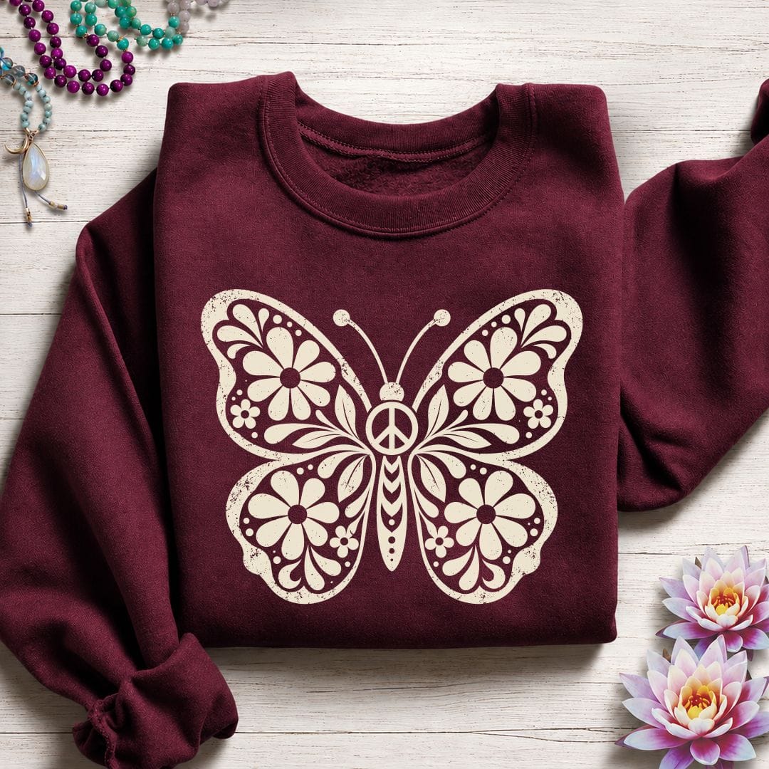Printify Sweatshirt Retro Floral Butterfly Sweatshirt Maroon / S