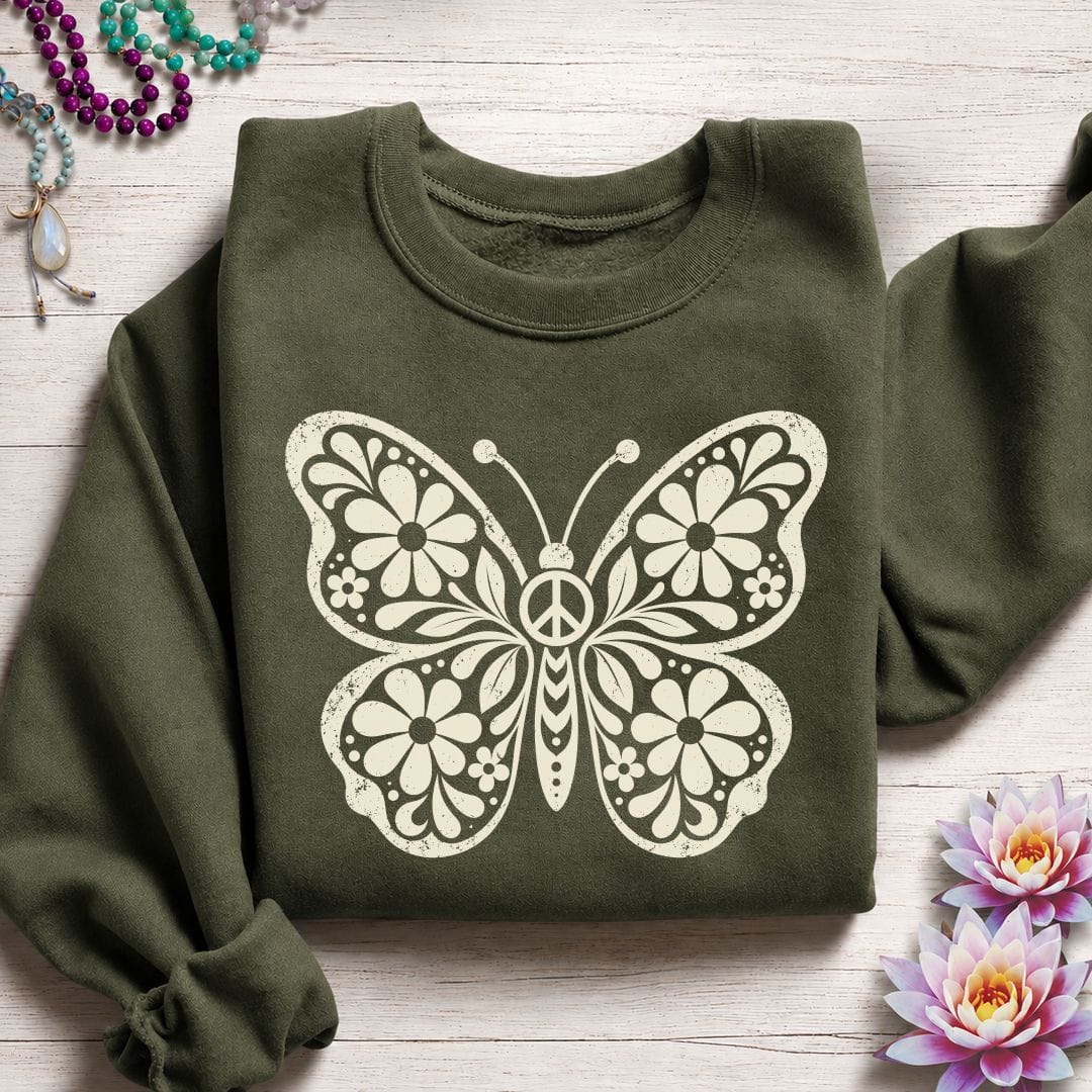 Printify Sweatshirt Retro Floral Butterfly Sweatshirt Military Green / S
