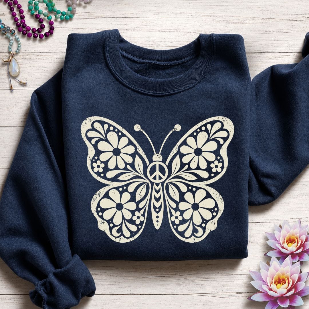 Printify Sweatshirt Retro Floral Butterfly Sweatshirt Navy / S