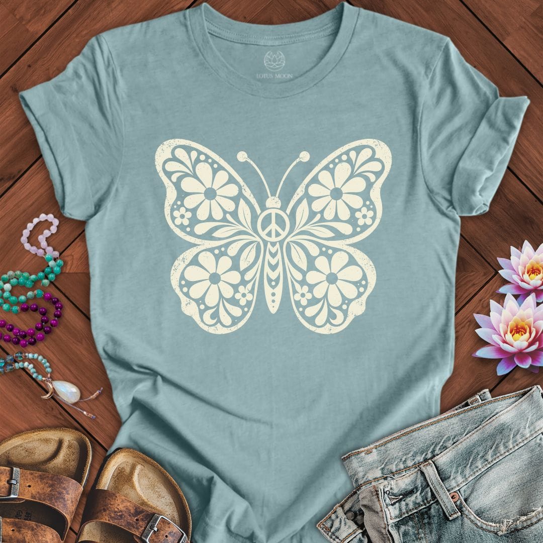 Printify T-Shirt Retro Floral Butterfly Tee Heather Blue Lagoon / S