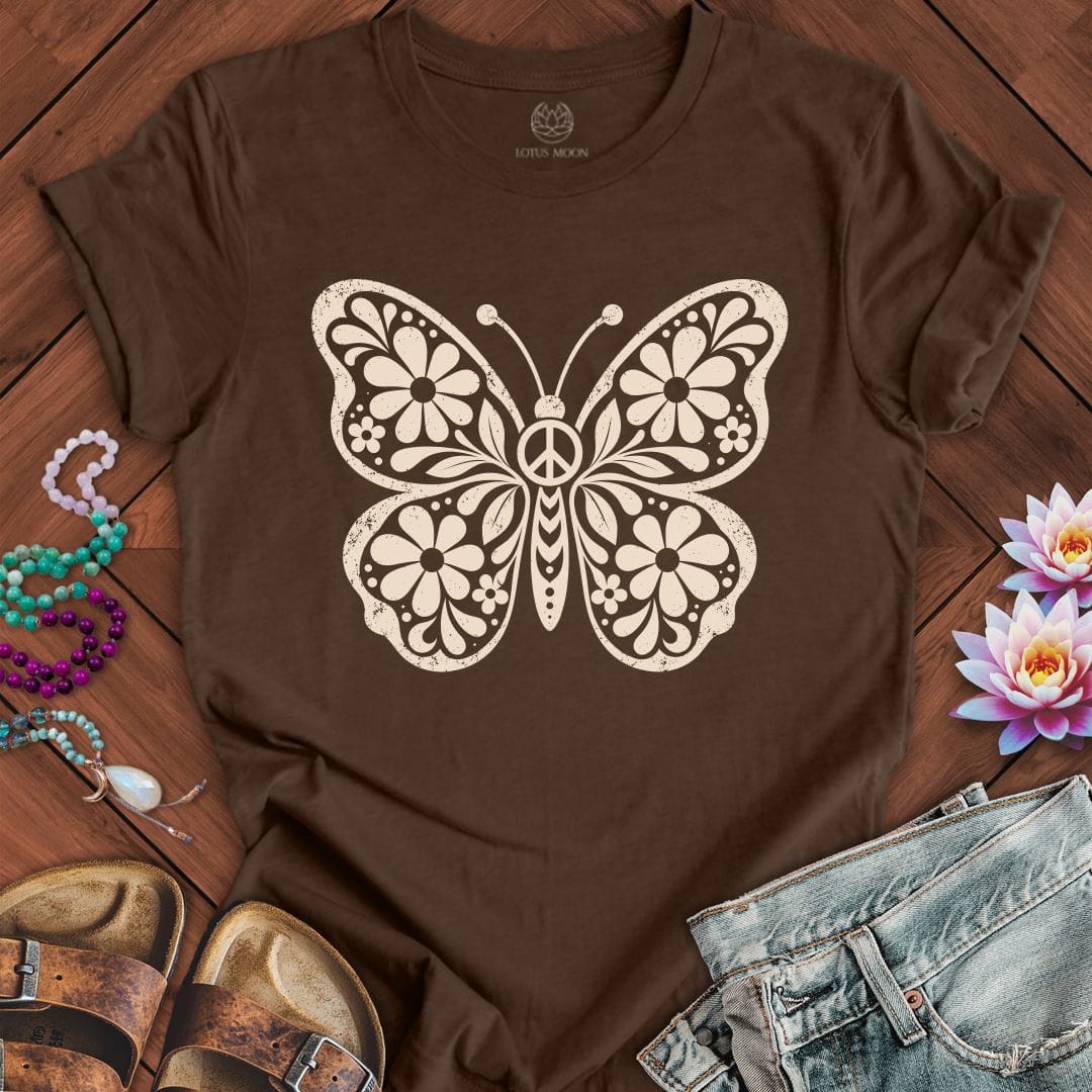 Printify T-Shirt Retro Floral Butterfly Tee Heather Brown / S