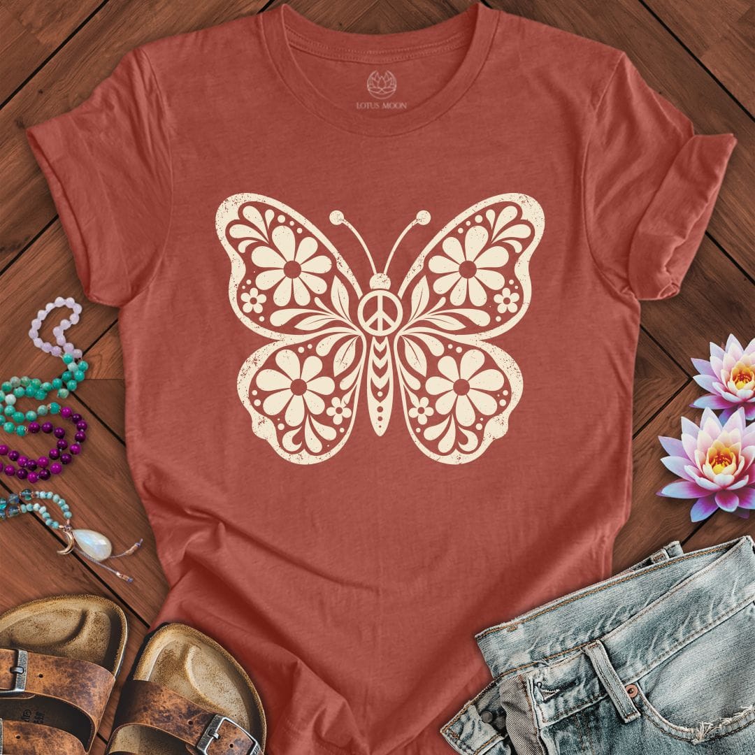 Printify T-Shirt Retro Floral Butterfly Tee Heather Clay / S