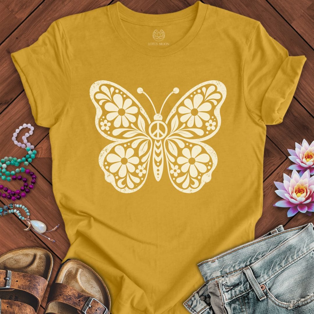 Printify T-Shirt Retro Floral Butterfly Tee Heather Mustard / S
