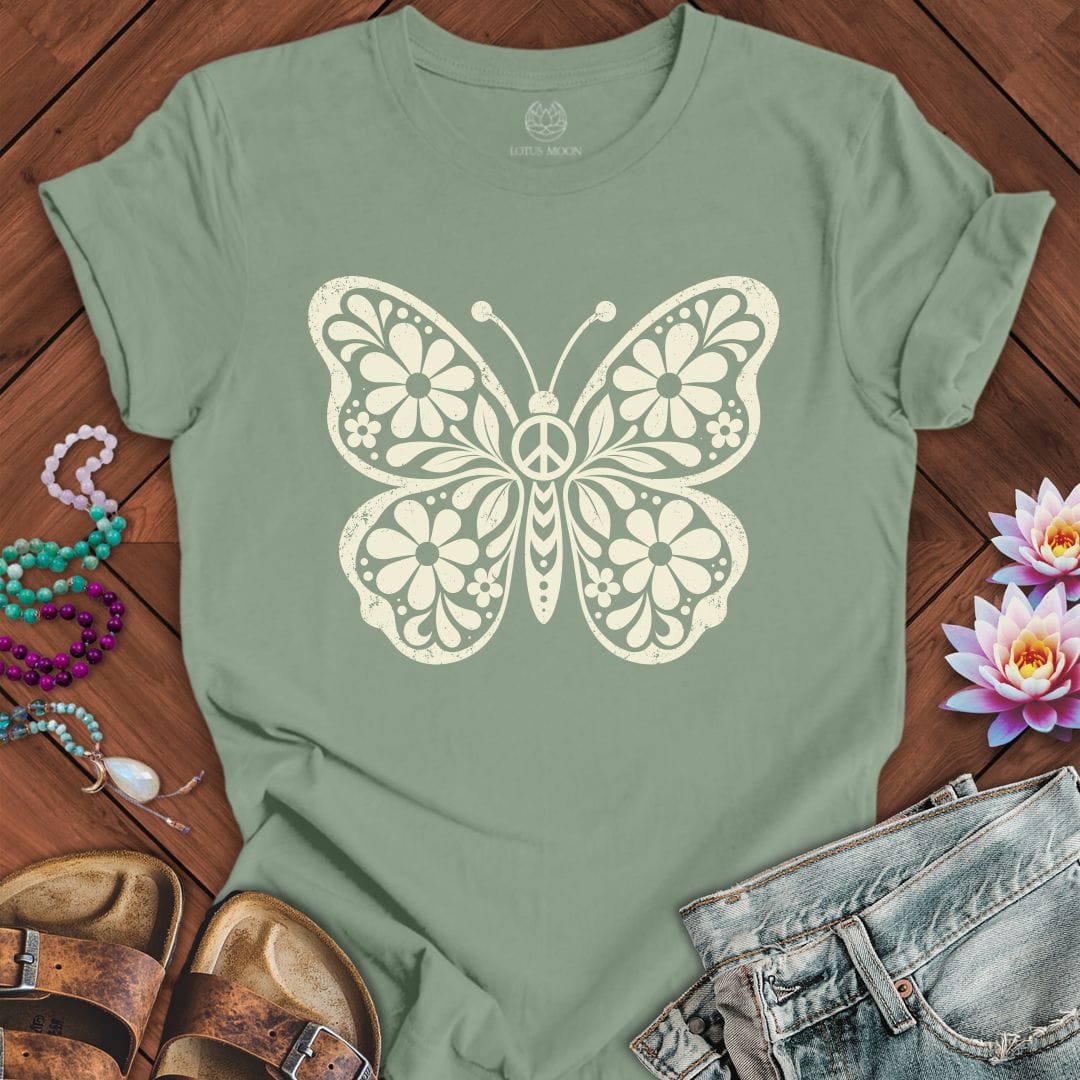 Printify T-Shirt Retro Floral Butterfly Tee Sage / S