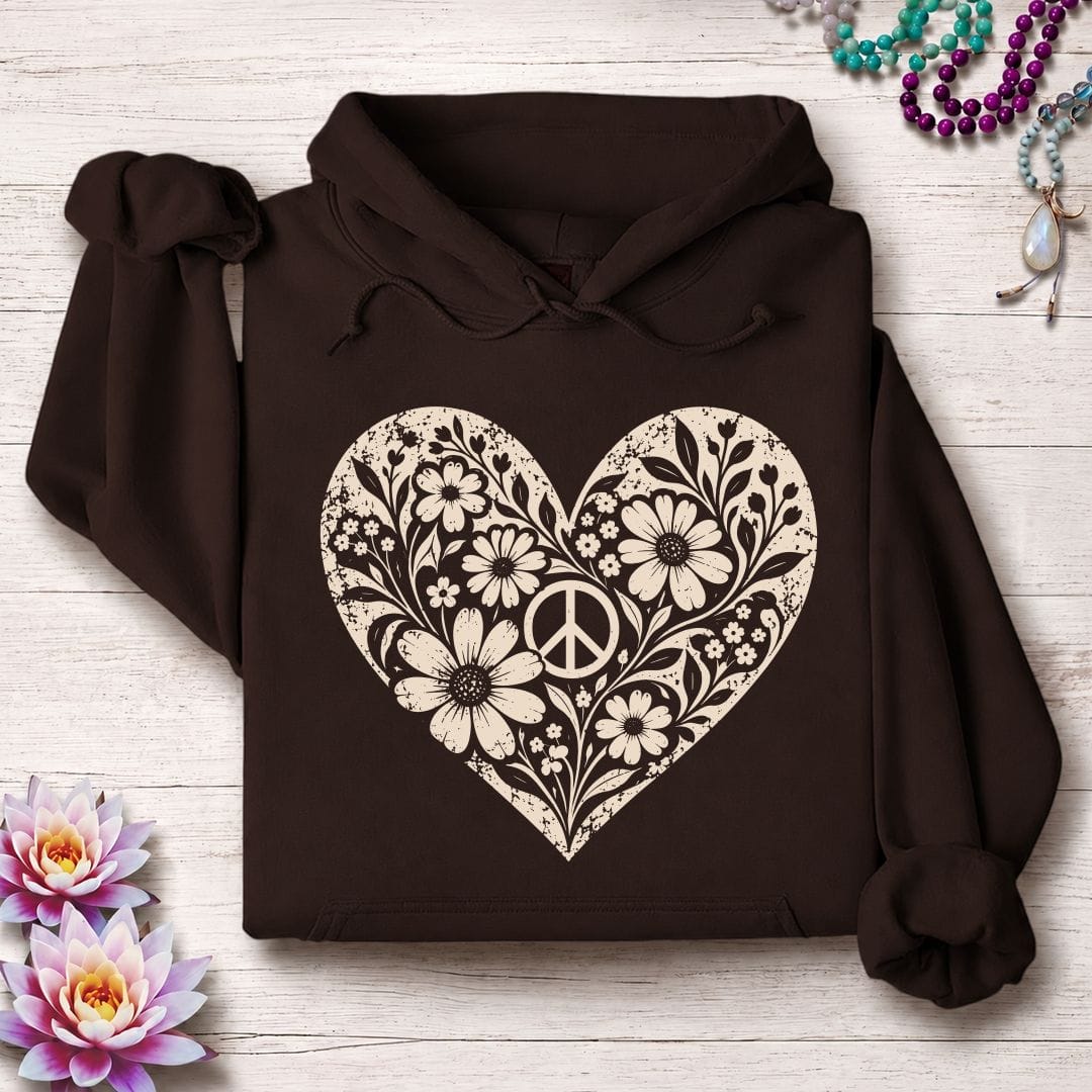 Retro Floral Heart Hoodie Dark Chocolate