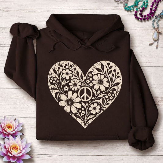 Retro Floral Heart Hoodie Dark Chocolate