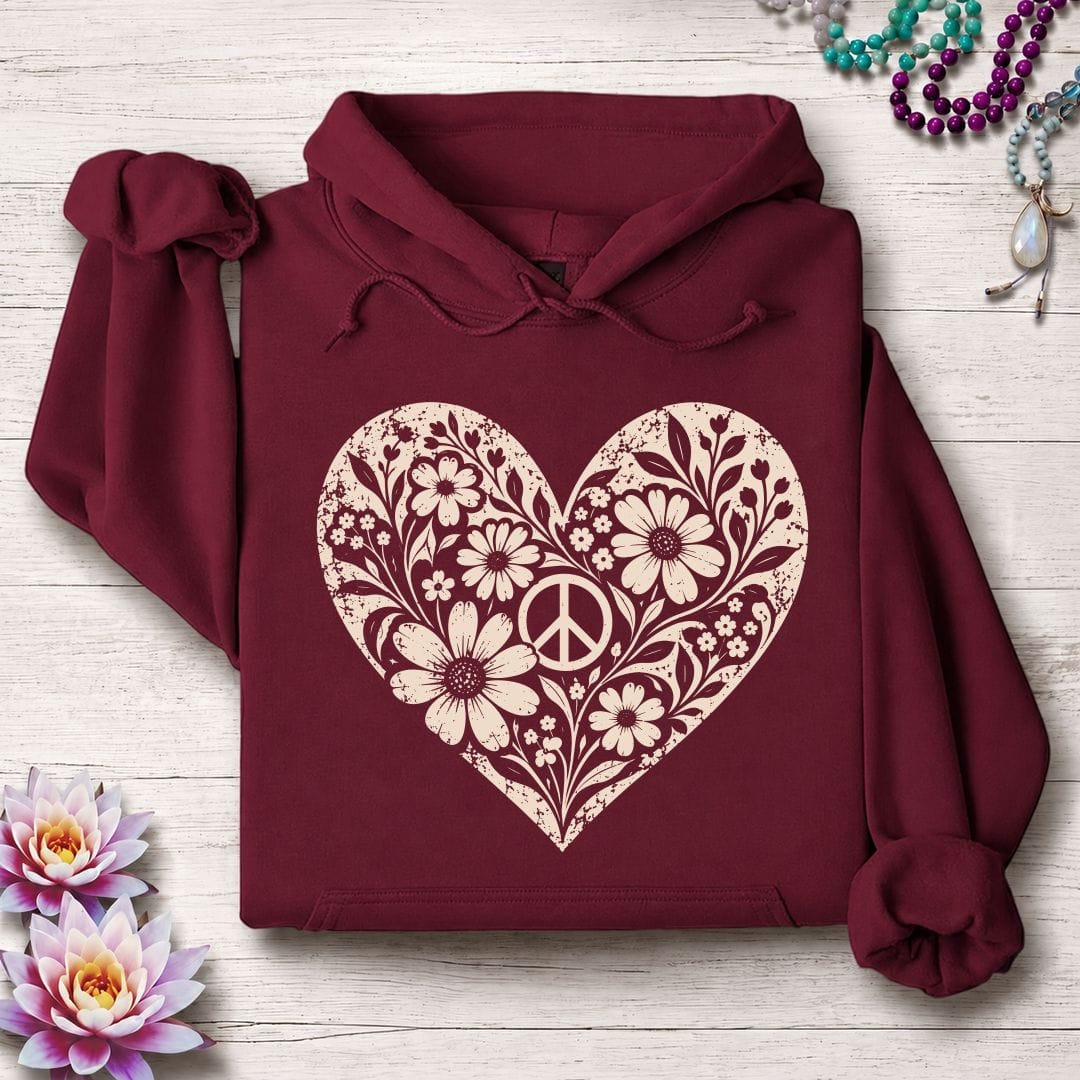Retro Floral Heart Hoodie Maroon
