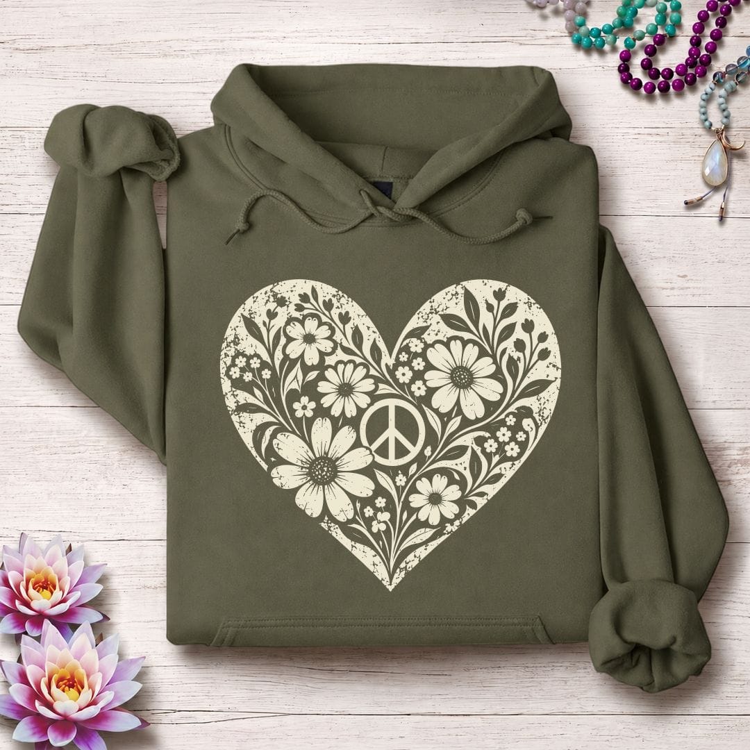 Retro Floral Heart Hoodie Military Green