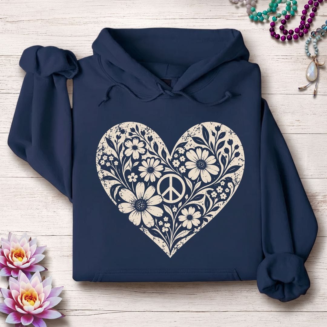 Retro Floral Heart Hoodie Navy