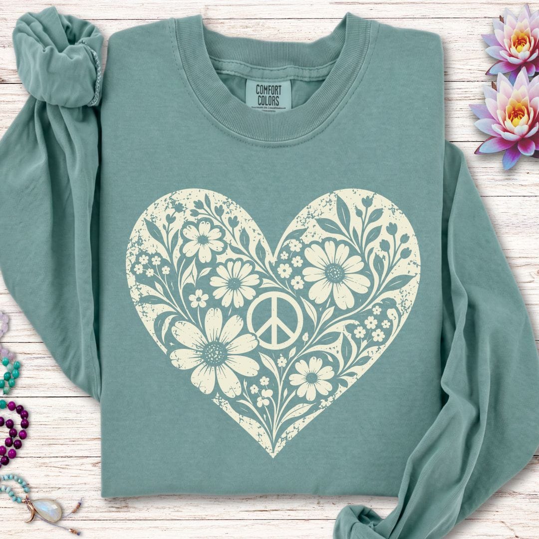 Retro Floral Heart Long Sleeve Tee Light Green