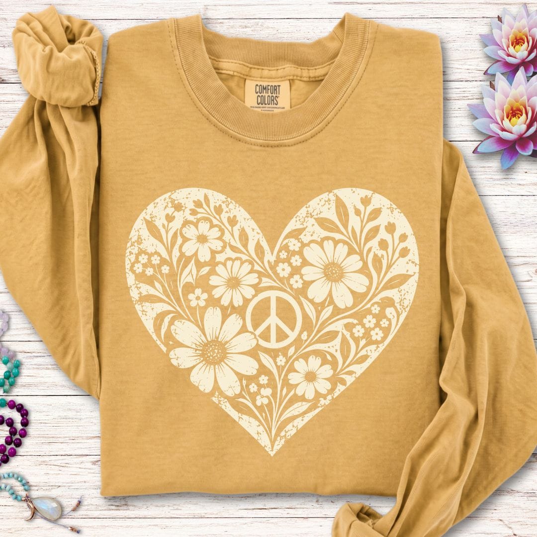 Retro Floral Heart Long Sleeve Tee Mustard