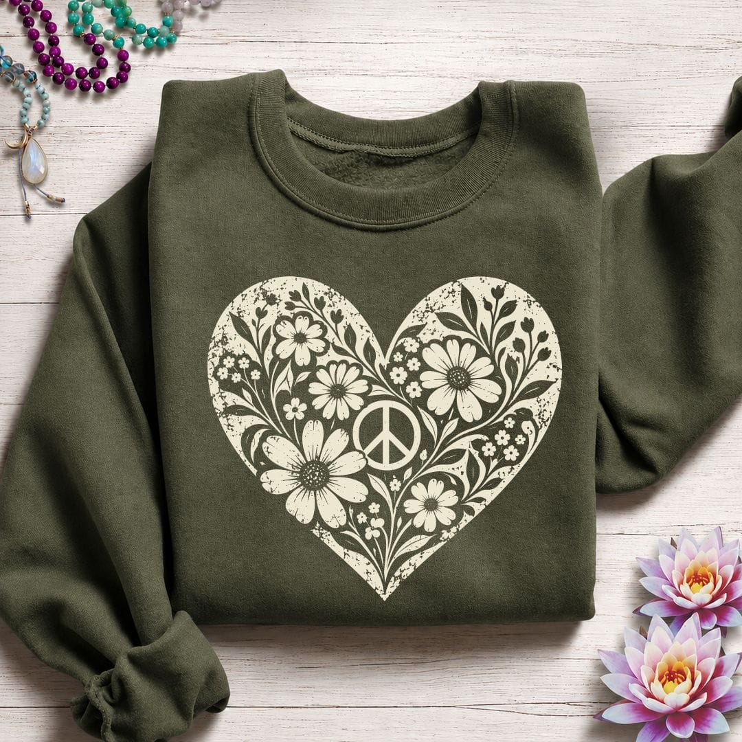 Retro Floral Heart Sweatshirt Military Green