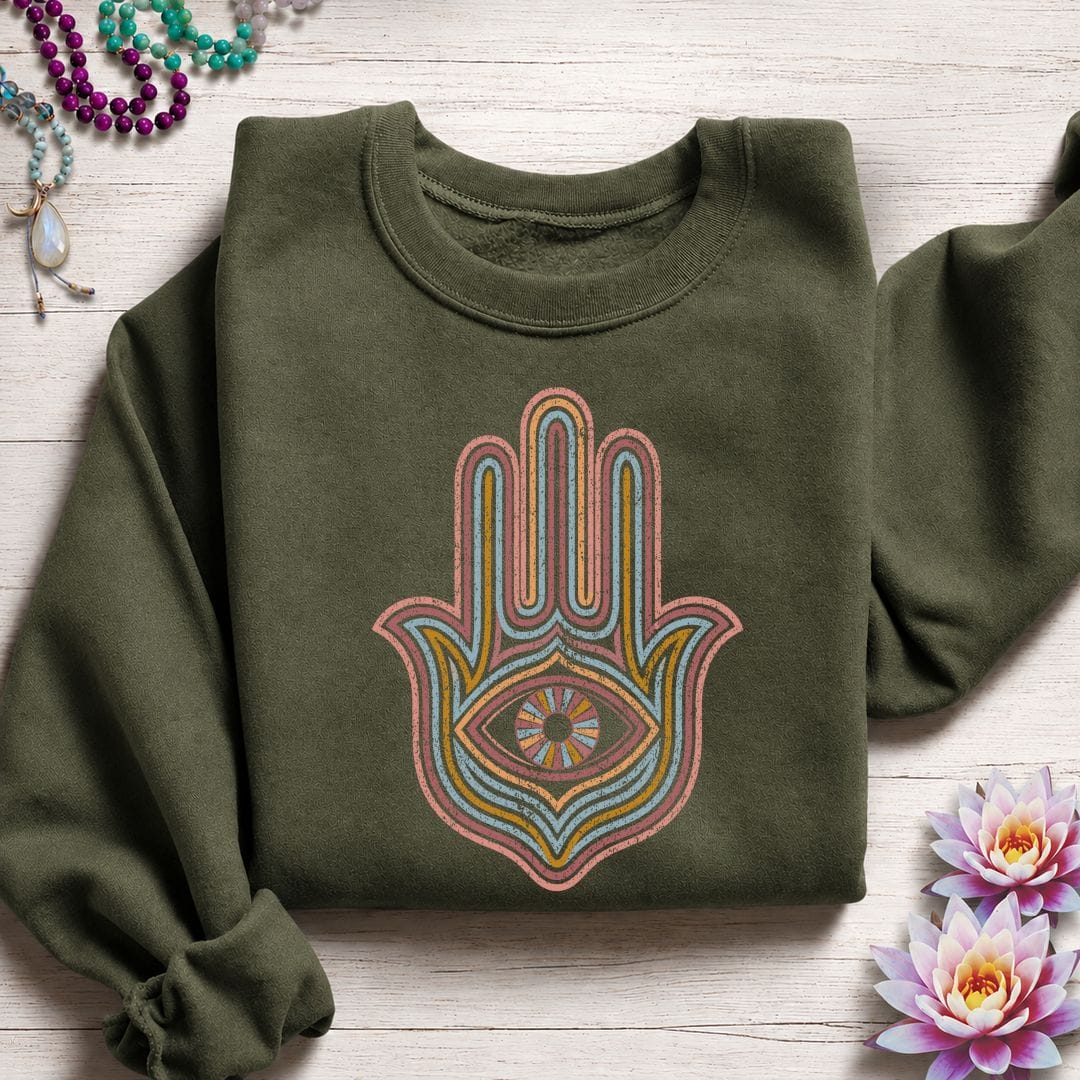Printify Sweatshirt Retro Hamsa Sweatshirt Military Green / S