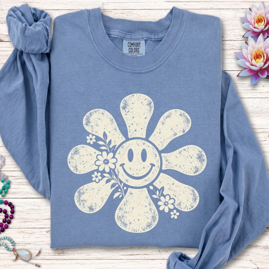 Retro Smiley Sun Long Sleeve Tee Blue Jean
