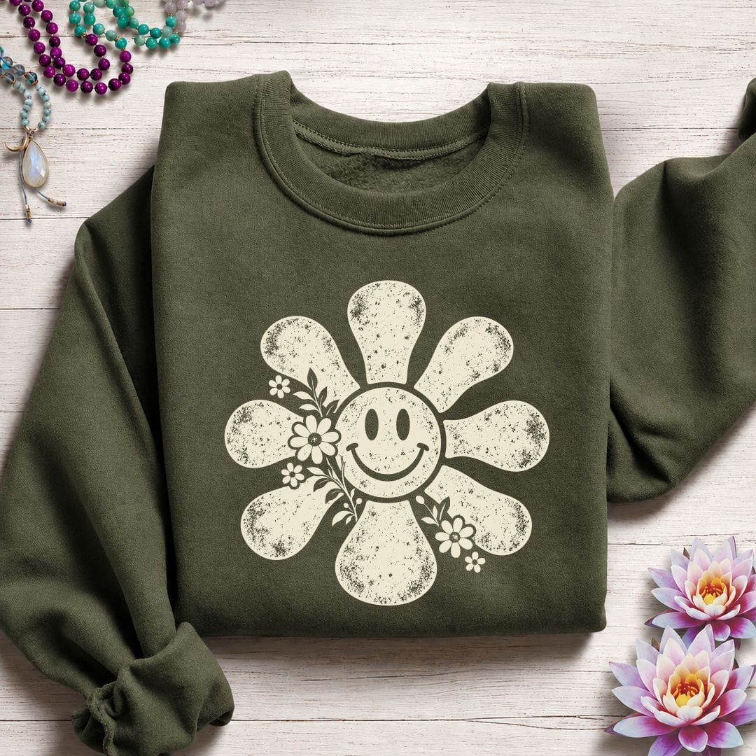 Retro Smiley Sun Sweatshirt Military Green