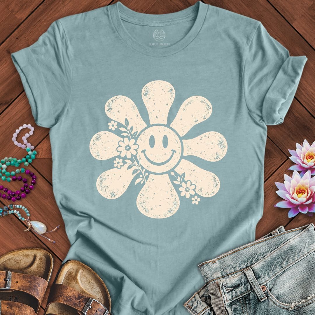 Printify T-Shirt Retro Smiley Sun Tee Heather Blue Lagoon / S