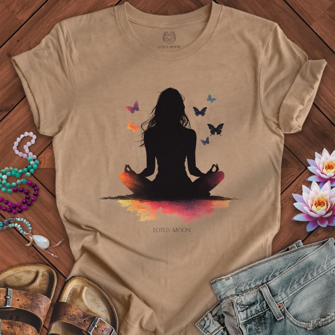 Silhouette Meditation With Butterflies Tee Heather Tan
