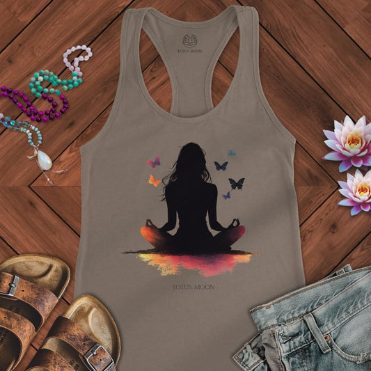 Silhouette Meditation With Butterflies Tank Solid Warm Gray