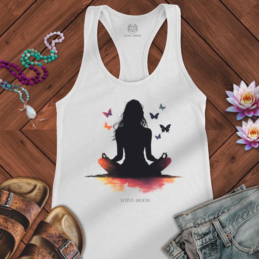 Silhouette Meditation With Butterflies Tank Solid White