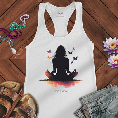 Silhouette Meditation With Butterflies Tank Solid White