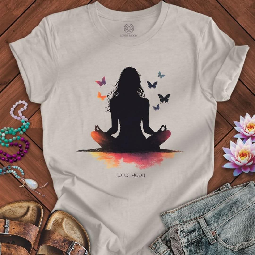 Silhouette Meditation With Butterflies Tee Heather Dust