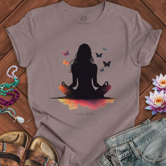 Silhouette Meditation With Butterflies Tee Pebble Brown