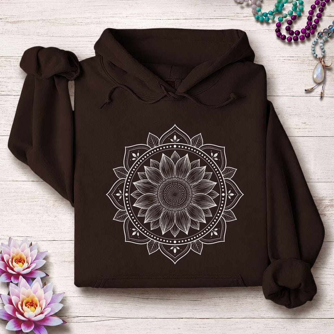 Printify Hoodie Sunflower Mandala Hoodie Dark Chocolate / S
