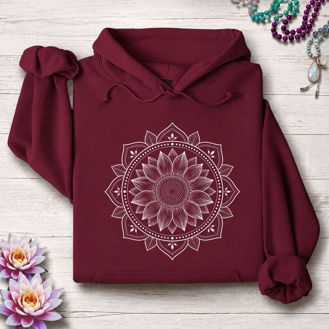 Printify Hoodie Sunflower Mandala Hoodie Maroon / S