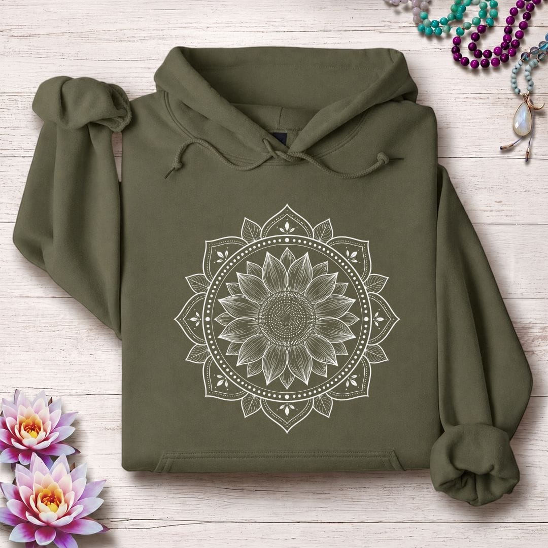 Printify Hoodie Sunflower Mandala Hoodie Military Green / S