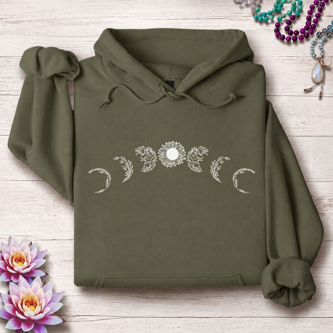 Printify Hoodie Sunflower Moon Phases Hoodie Military Green / S