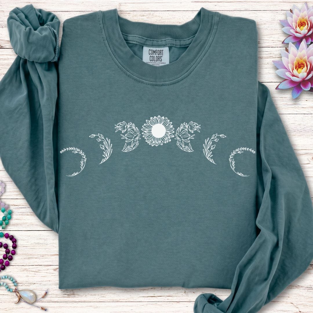 Printify Long-sleeve Sunflower Moon Phases Long Sleeve Tee Blue Spruce / S