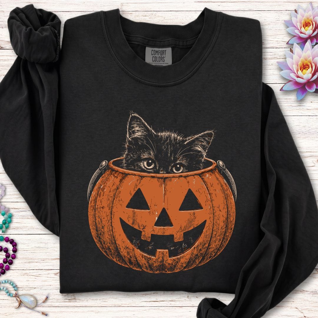 Trick-or-Treat Kitten Long Sleeve Tee Black
